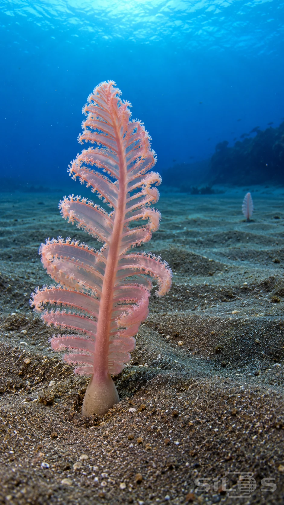 A pink sea pen with feathery polyps rises from a rippled sandy seabed beneath bright blue water.