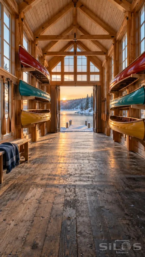 Canoe racks hold red; turquoise and yellow boats inside a tall timber boathouse opening toward a snowy dock and winter lake.