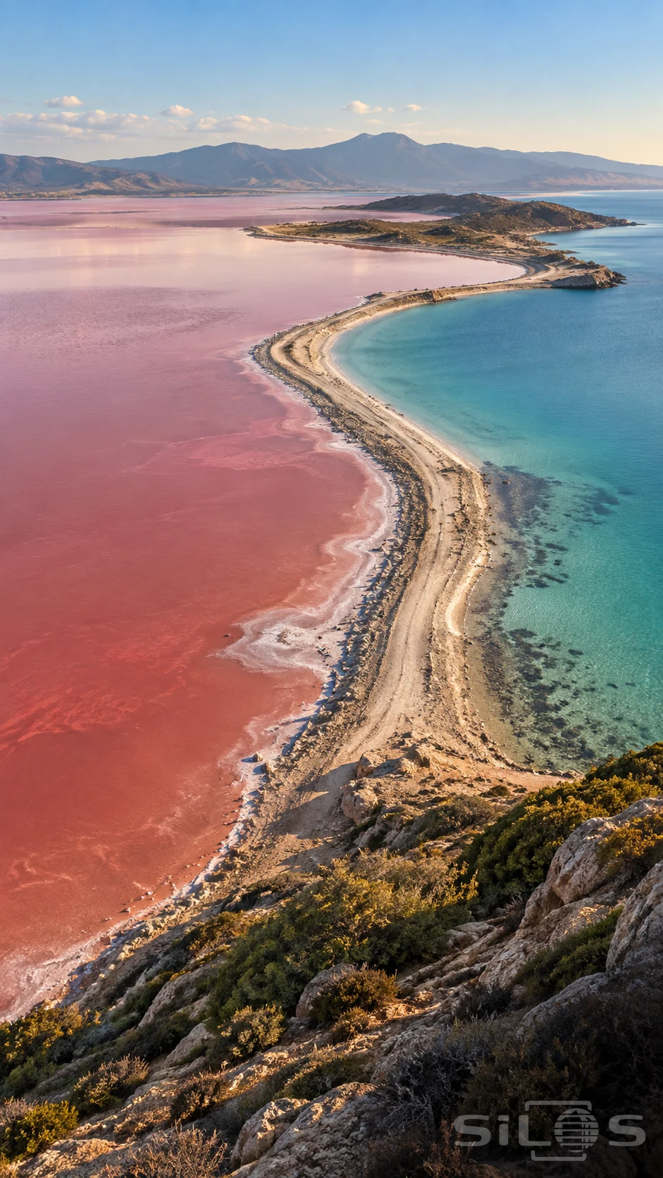 A pink salt lake and turquoise water divided by a winding pale mineral causeway, with scrub-covered rocks and distant mountains.