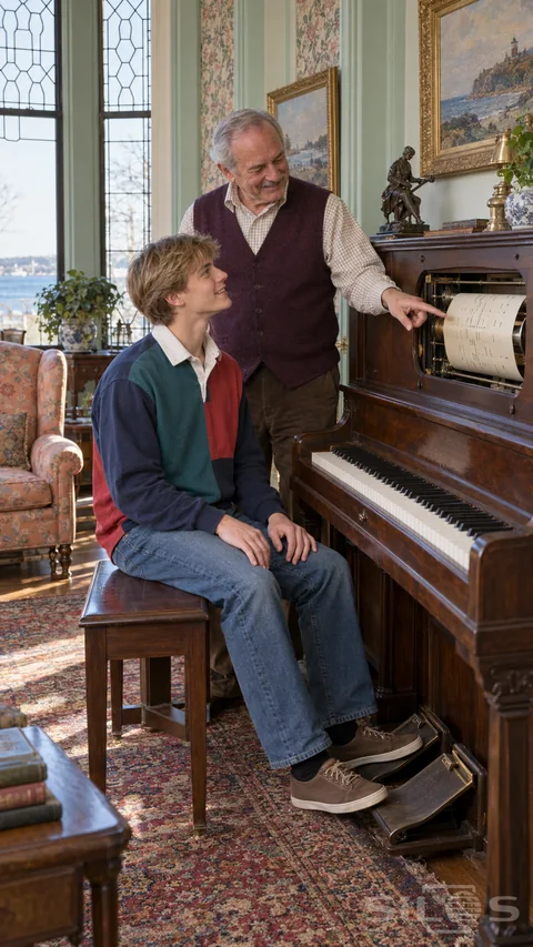 A father points to a player piano paper roll as his adult son sits with both shoes on the broad foot treadles.
