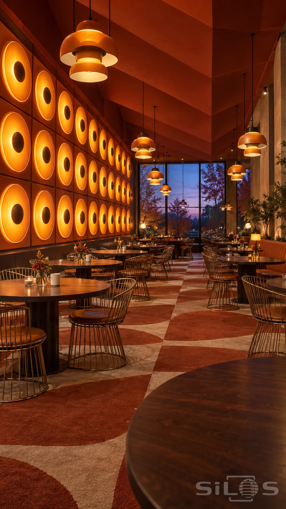 Wall of circular amber lamps above round tables and bronze wire chairs beneath a faceted red dining hall ceiling