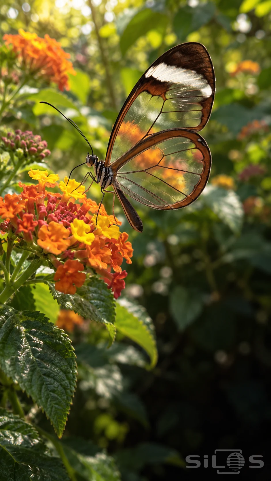 A glasswing butterfly with clear wing panels, dark veins and chestnut edges rests on orange and yellow lantana flowers.