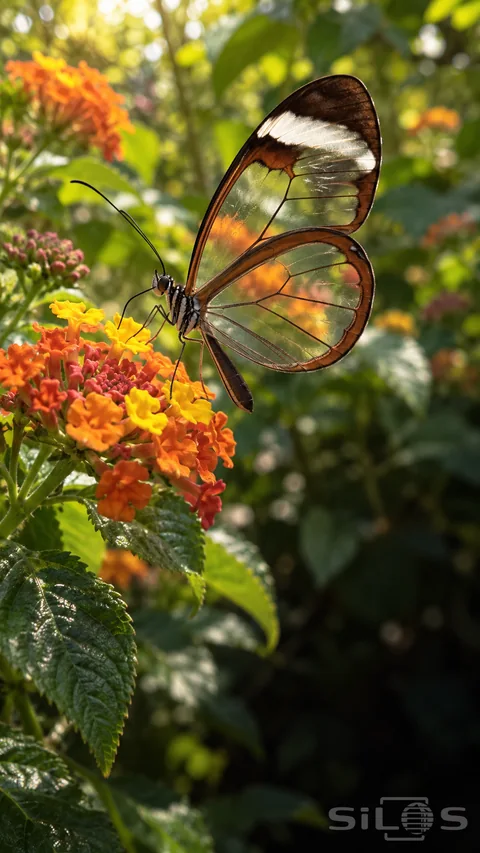 A glasswing butterfly with clear wing panels; dark veins and chestnut edges rests on orange and yellow lantana flowers.