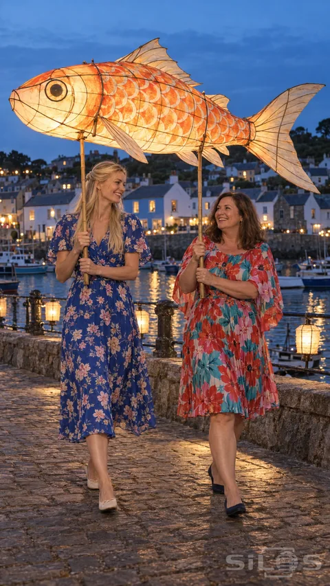 Two women in floral cape dresses share a fish lantern walk beside a harbor with boats and warm house windows.