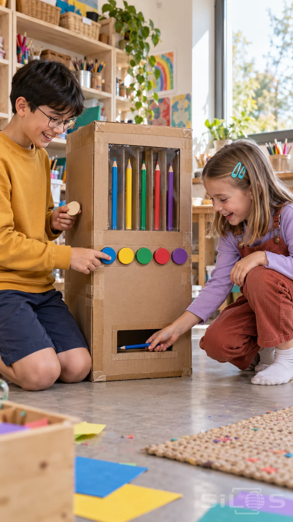 Two children try a homemade pencil machine, pressing a blue circle and collecting a blue pencil from the cardboard box.