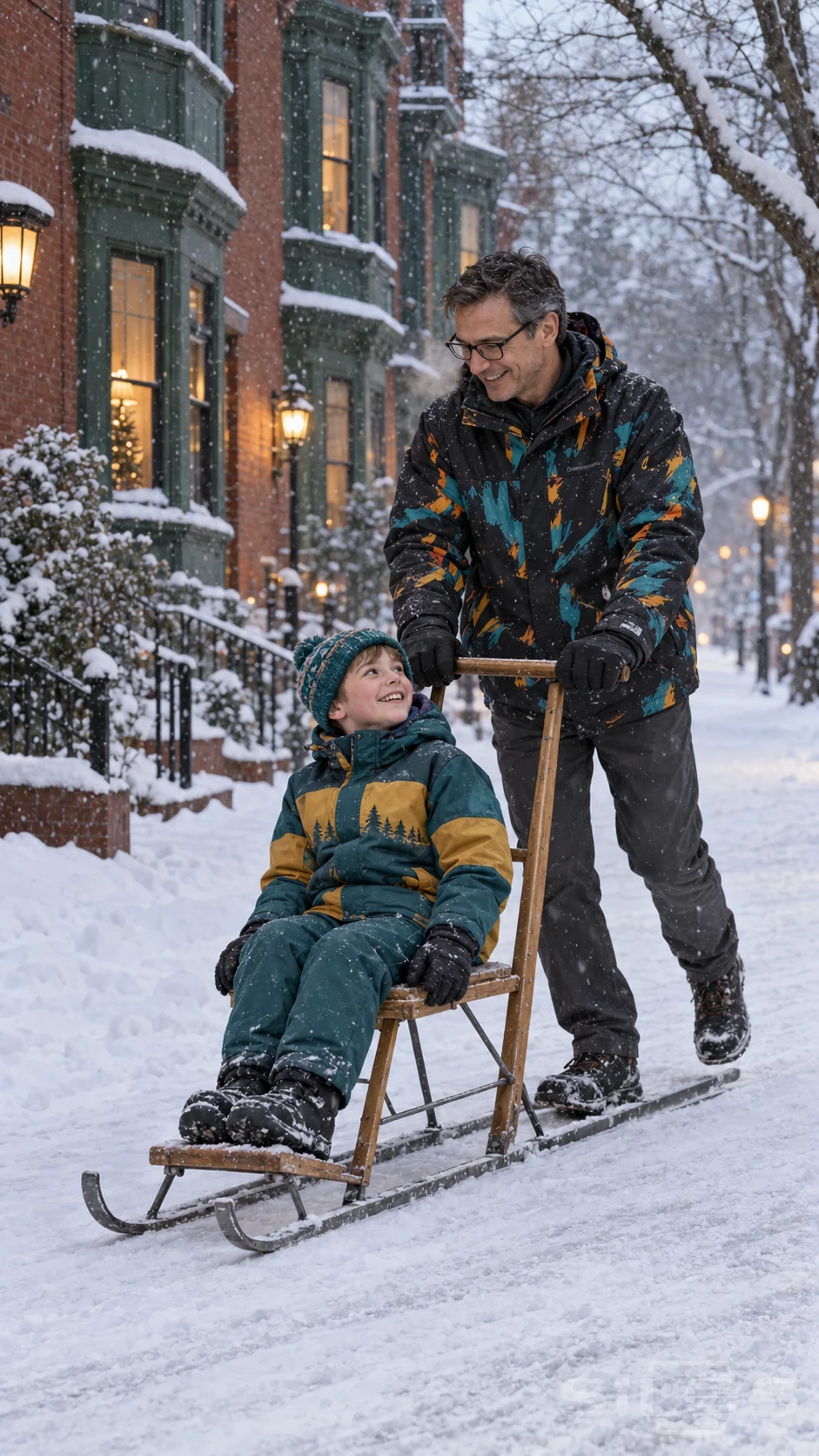 Kick sled laughter joins a father and son in bright winter layers on a snowy street beside green bay windows.
