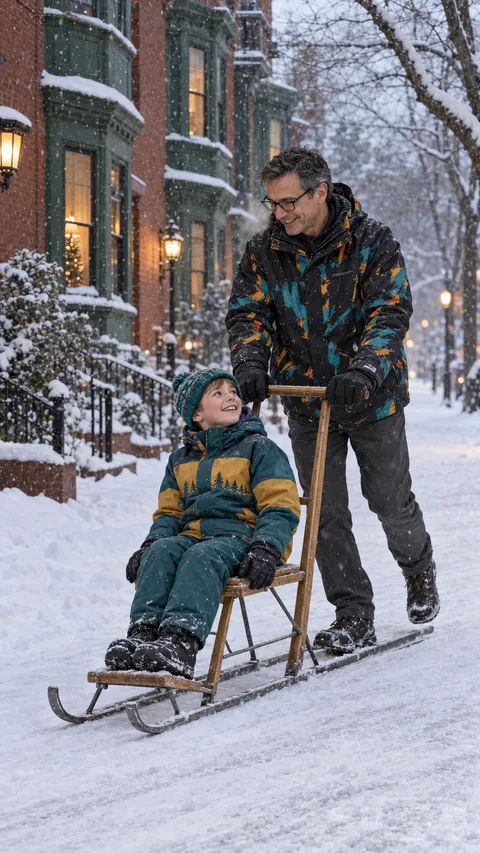 Kick sled laughter joins a father and son in bright winter layers on a snowy street beside green bay windows.