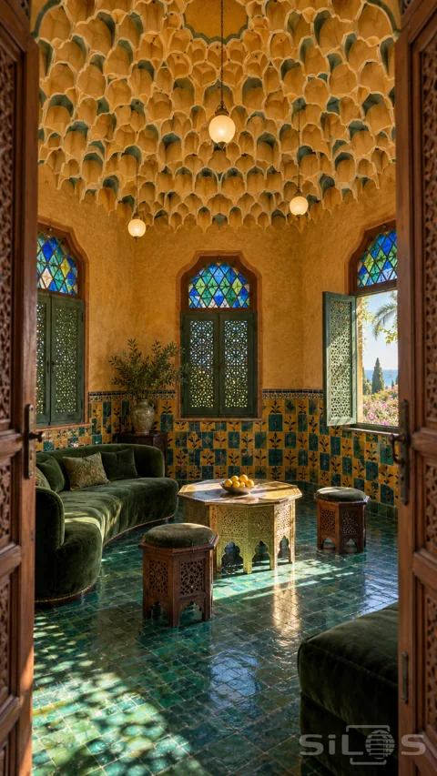 Golden honeycomb ceiling above a green velvet sofa; brass table; glazed floor tiles and blue glass windows in a sunny salon.