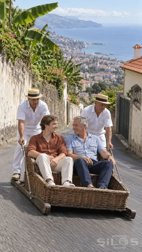 Wicker toboggan carrying two men down a coastal lane with two guides and a distant blue sea.