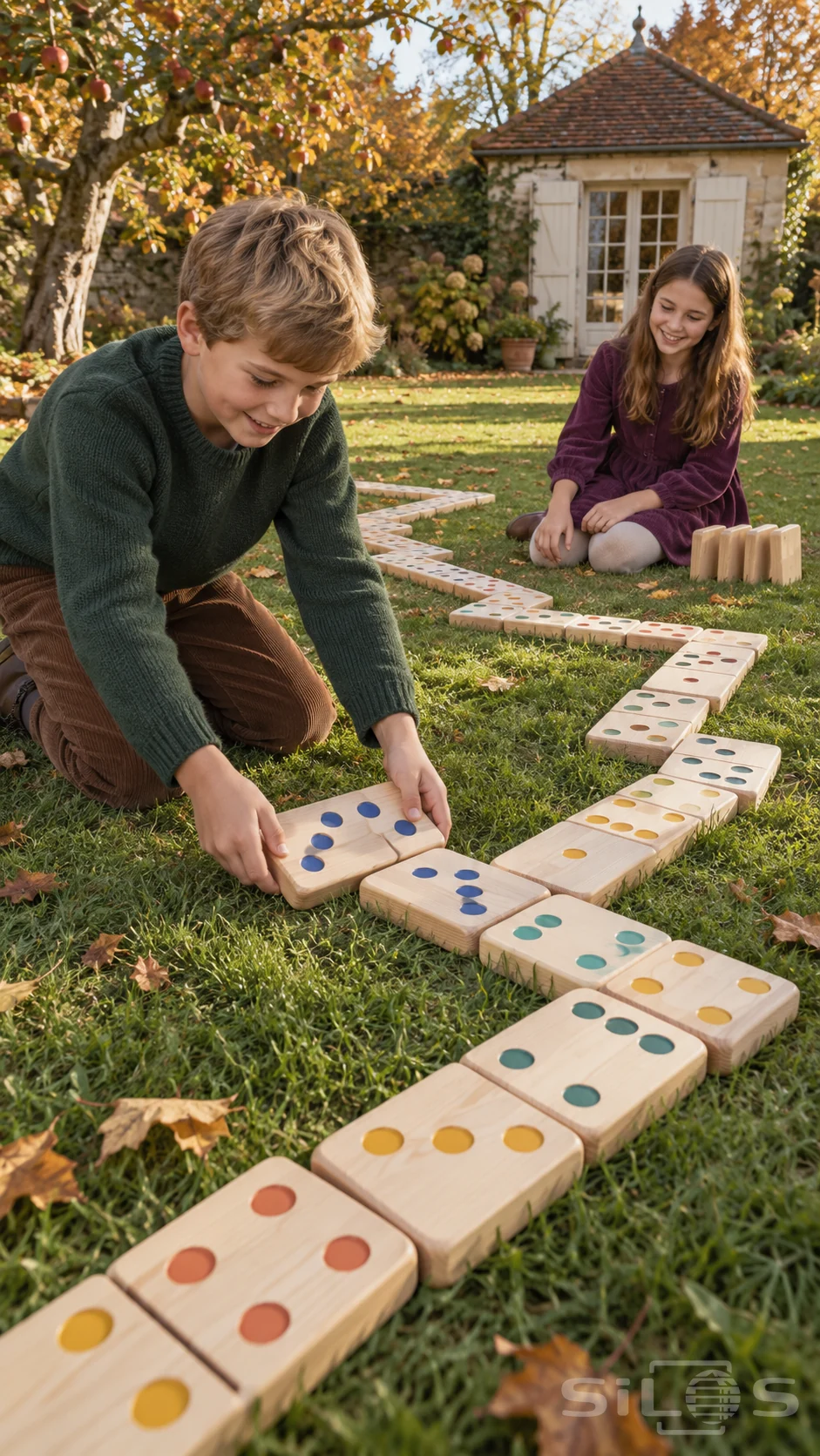 A boy places a large wooden domino with blue dots while a girl watches beside a winding domino chain on an autumn lawn.