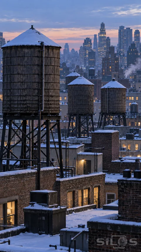Wooden rooftop water tanks with snow capped cones rise on steel frames above brick roofs and warm city windows.