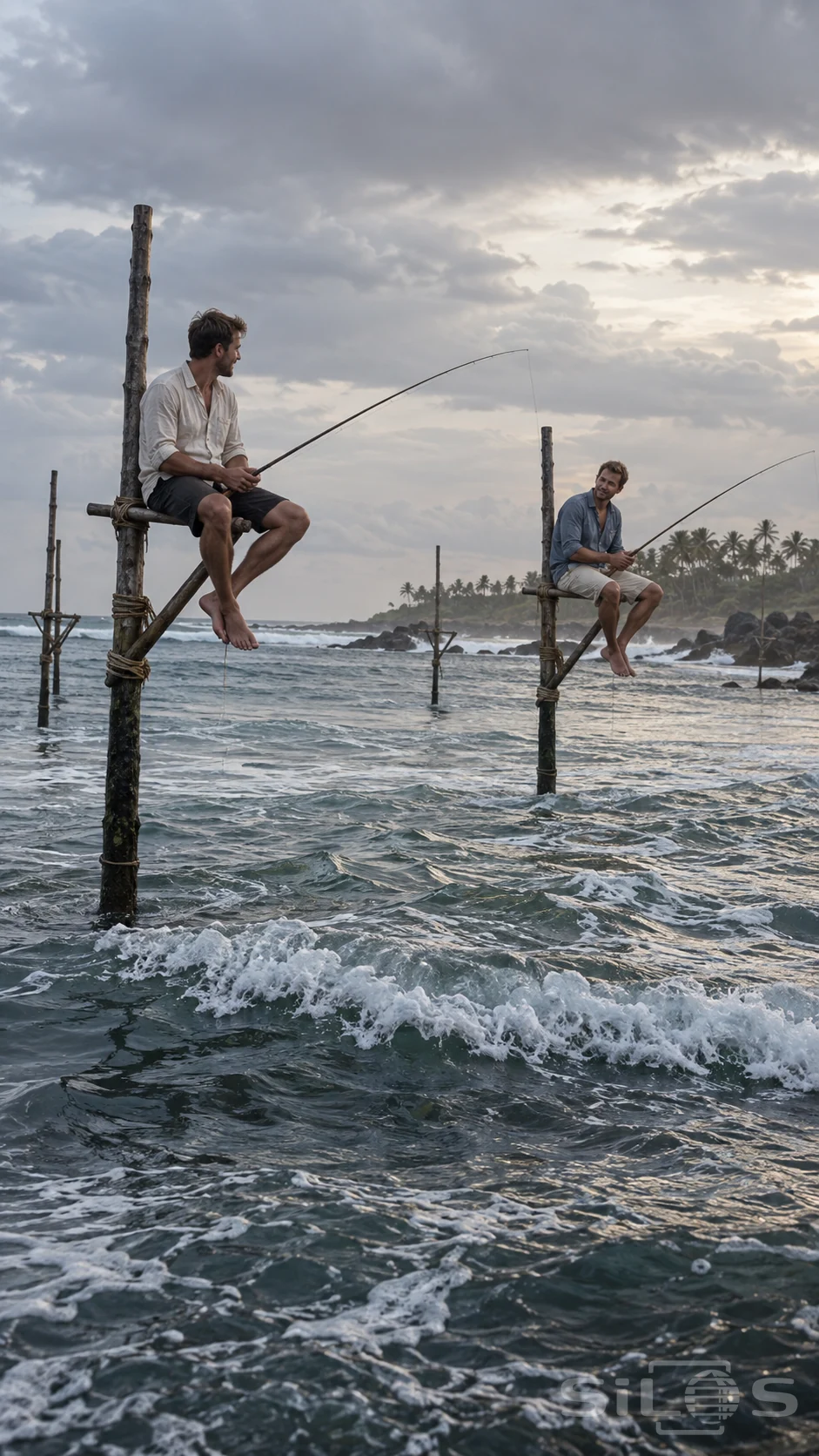 Coastal fishing perches with two adult men seated on braced wooden crossbars above shallow surf, holding slender rods in cool morning light.