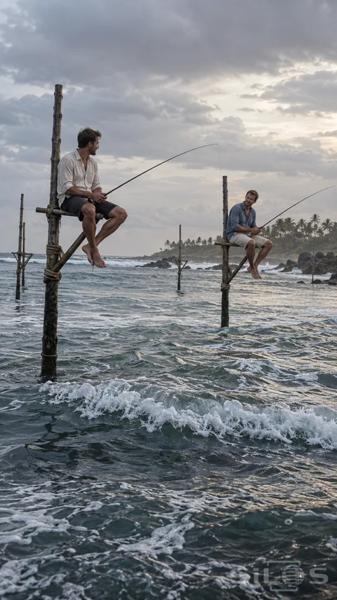 Coastal fishing perches with two adult men seated on braced wooden crossbars above shallow surf; holding slender rods in cool morning light.