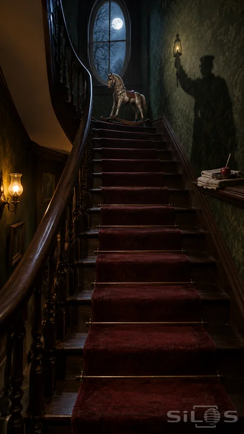 An antique dapple-grey rocking horse stands at the top of a red-carpeted hotel staircase beside a porter’s shadow and oval window.