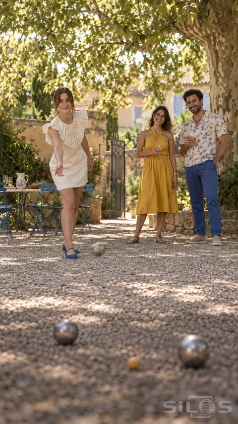 Petanque court with a woman releasing a silver boule in an ivory dress with a pleated bodice; watched by two friends near blue chairs.