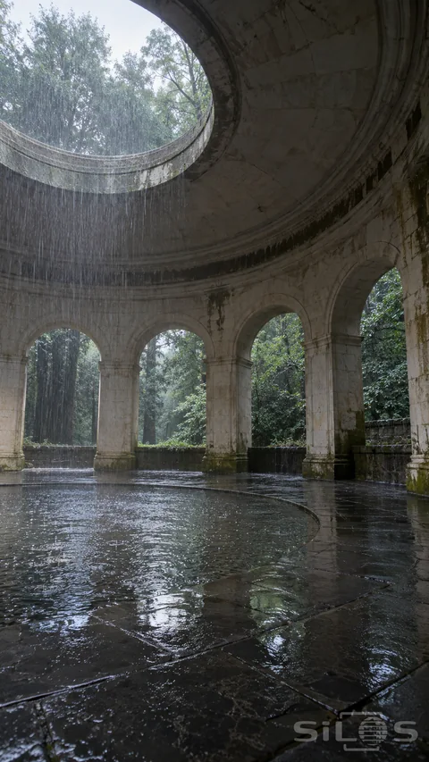 A rain curtain falls through the open oculus of a stone rotunda onto a dark wet floor surrounded by arches and green woodland.