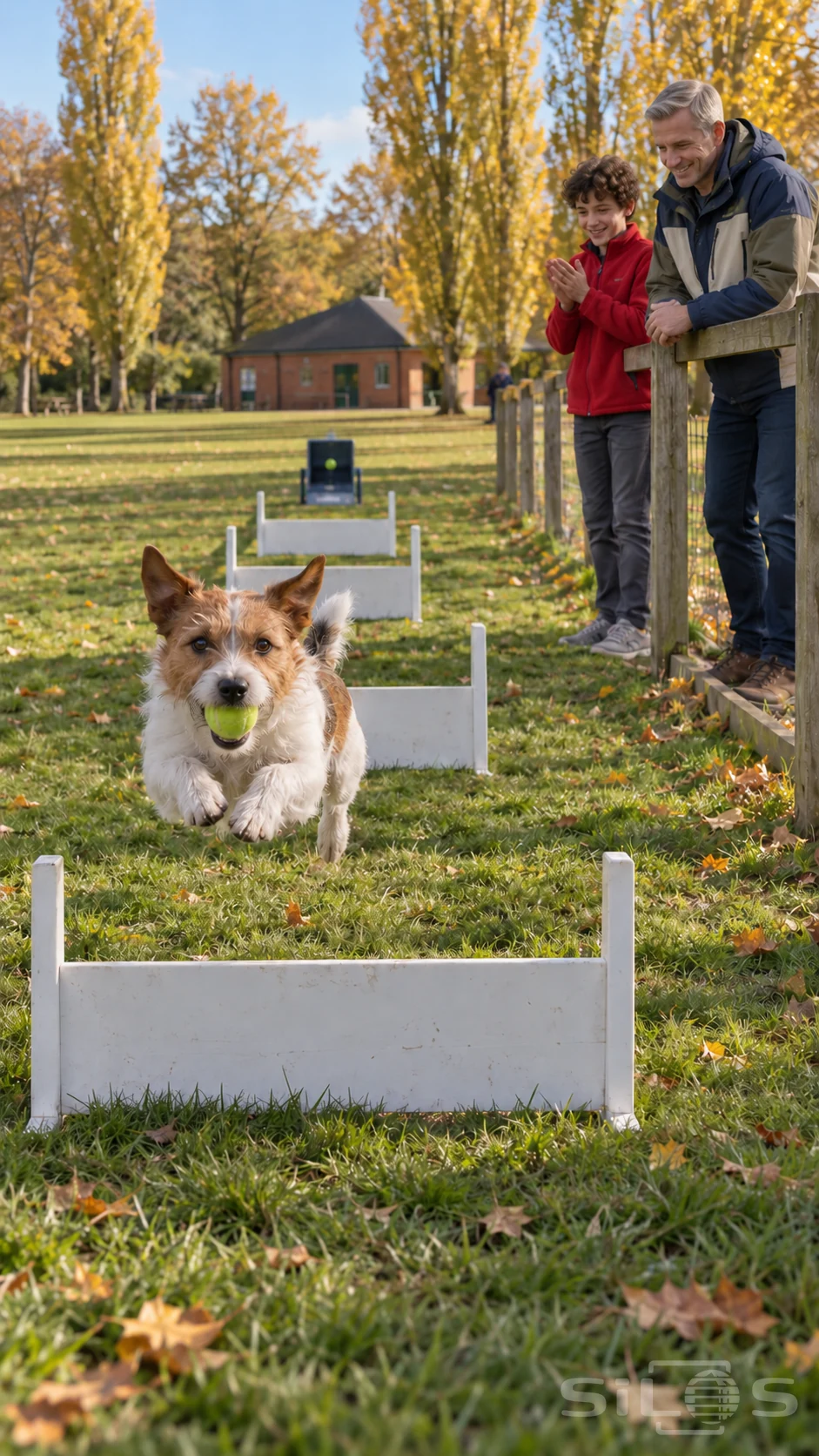 A flyball return brings a brown-white terrier over low hurdles with a green tennis ball while a father and son watch from the side.