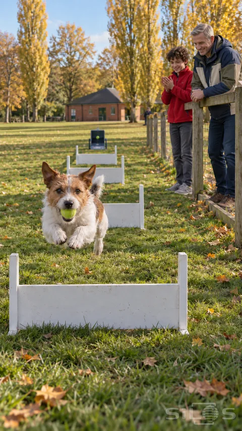 A flyball return brings a brown-white terrier over low hurdles with a green tennis ball while a father and son watch from the side.