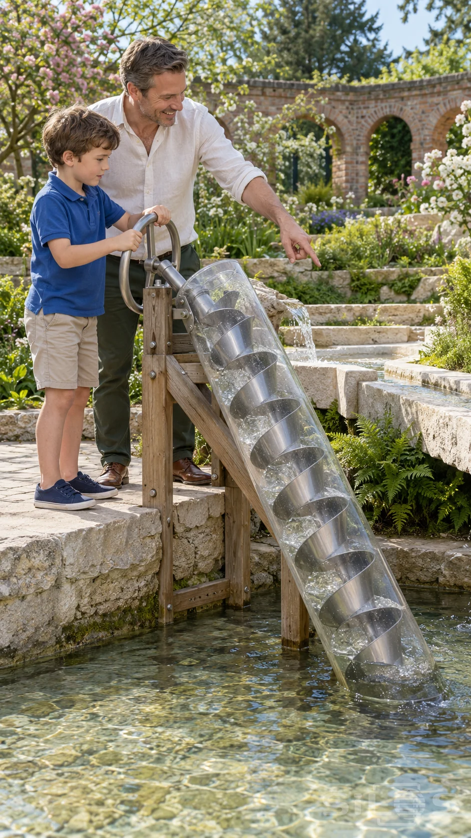 A father and son turn an Archimedes screw beside a garden channel with a clear casing around the metal spiral above a shallow pool.