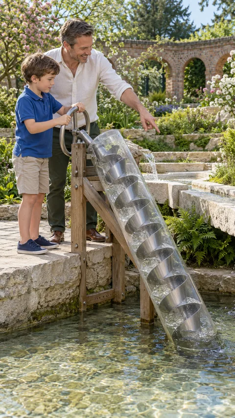A father and son turn an Archimedes screw beside a garden channel with a clear casing around the metal spiral above a shallow pool.