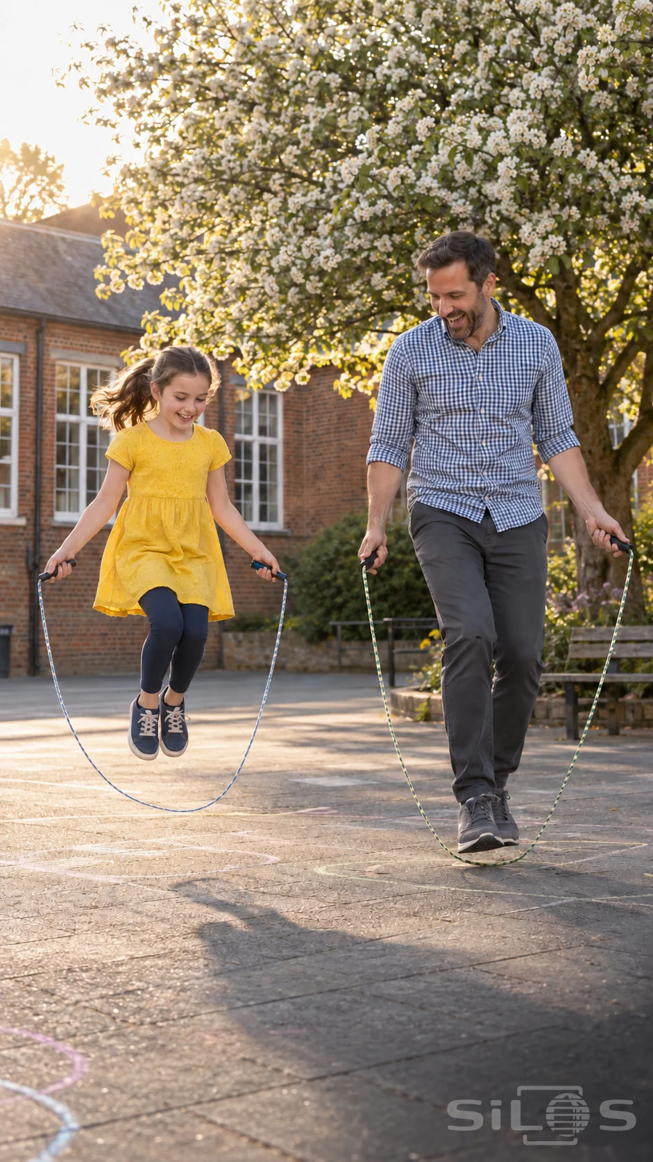 A girl in a yellow dress and navy leggings jumps beside her father, each holding a separate jump rope beneath a flowering tree.