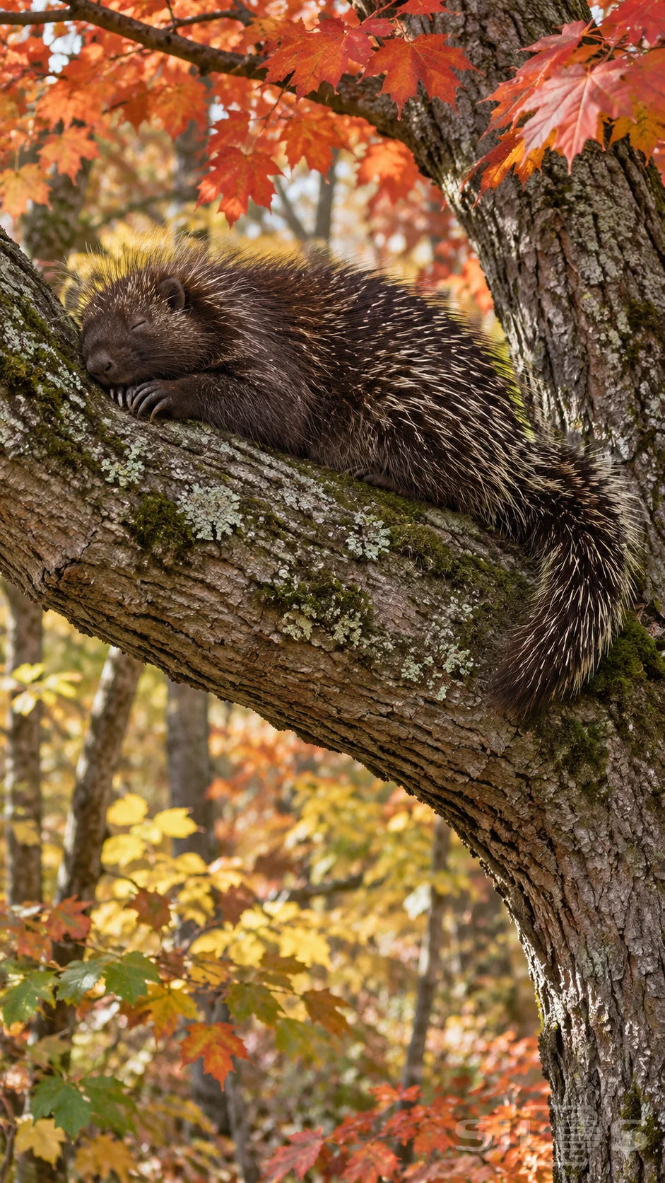 A porcupine sleeps with its muzzle on its front paws in a broad maple fork beneath bright autumn leaves.