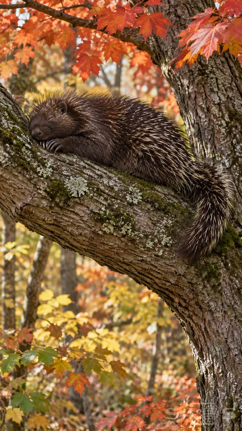 A porcupine sleeps with its muzzle on its front paws in a broad maple fork beneath bright autumn leaves.