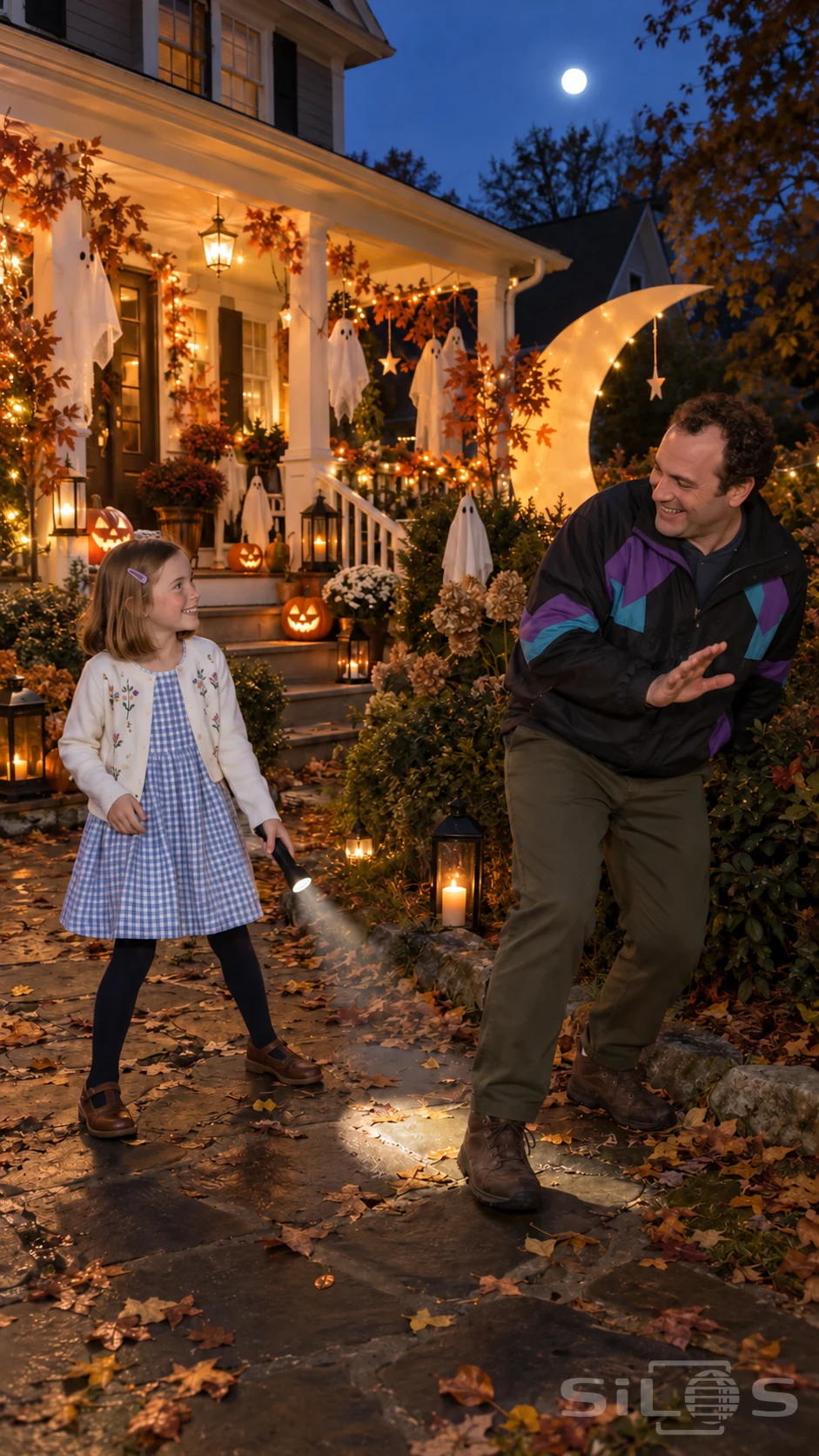 A father and daughter laugh during Halloween flashlight tag in a moon garden filled with pumpkins and porch lights.