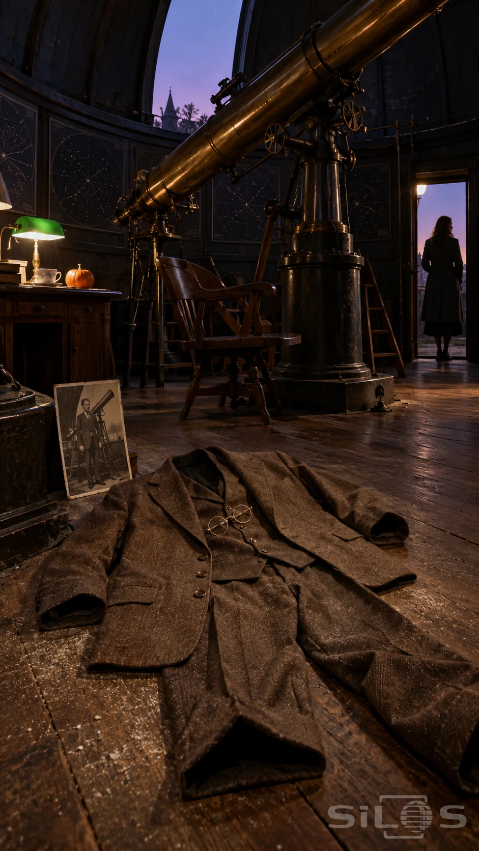 Empty brown tweed suit with round spectacles on an observatory floor beneath a brass telescope, with a sepia portrait and doorway silhouette.