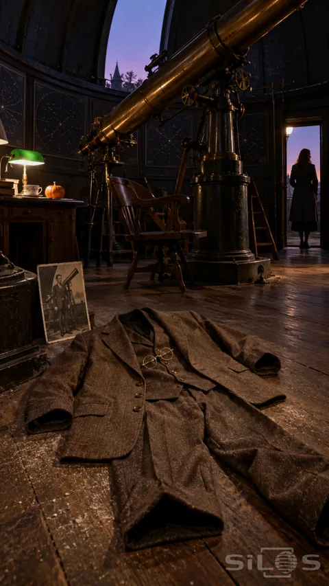Empty brown tweed suit with round spectacles on an observatory floor beneath a brass telescope; with a sepia portrait and doorway silhouette.
