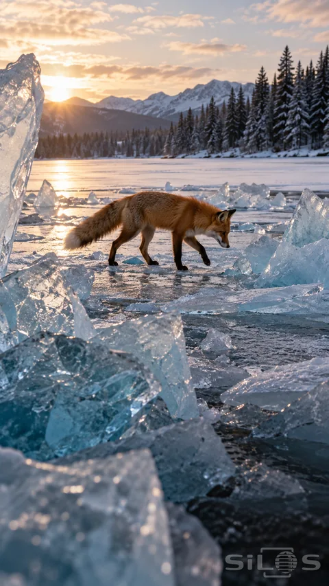 A red fox walks between pieces of broken lake ice; lifting one forepaw beneath warm low light with snowy pines beyond.