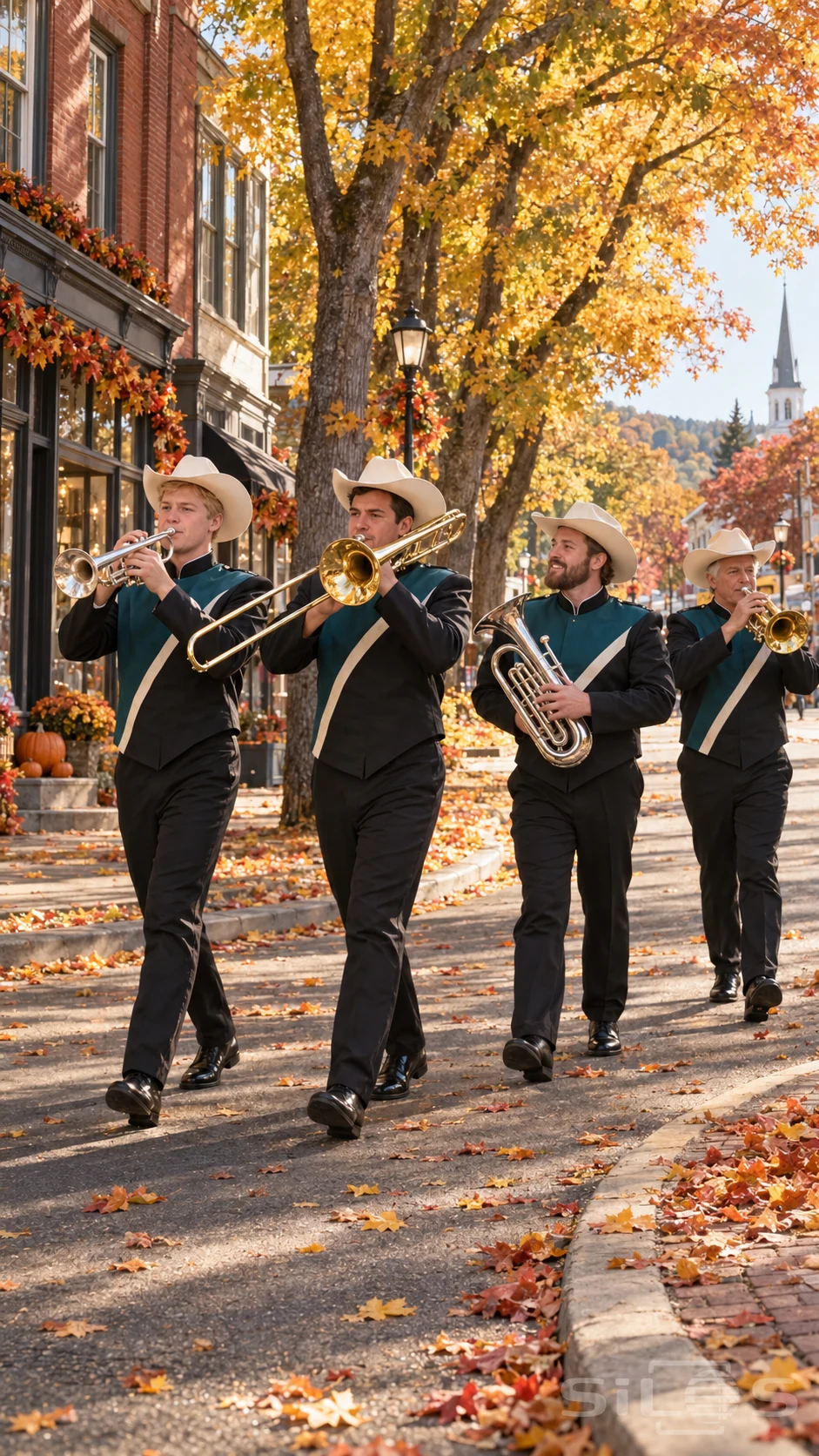 Brass parade musicians walk beneath golden maples beside brick shopfronts and scattered autumn leaves.