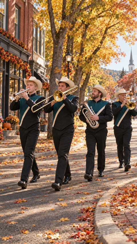 Brass parade musicians walk beneath golden maples beside brick shopfronts and scattered autumn leaves.