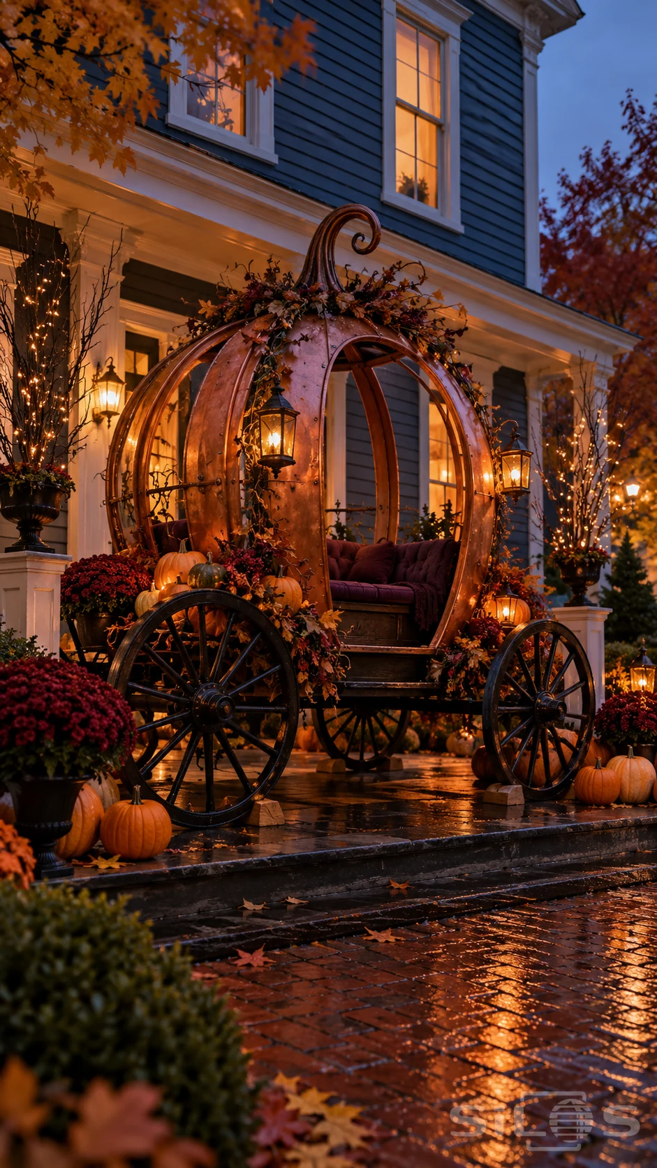 A Salem pumpkin carriage with copper ribs and black spoked wheels stands among pumpkins and lanterns beside a blue clapboard porch.