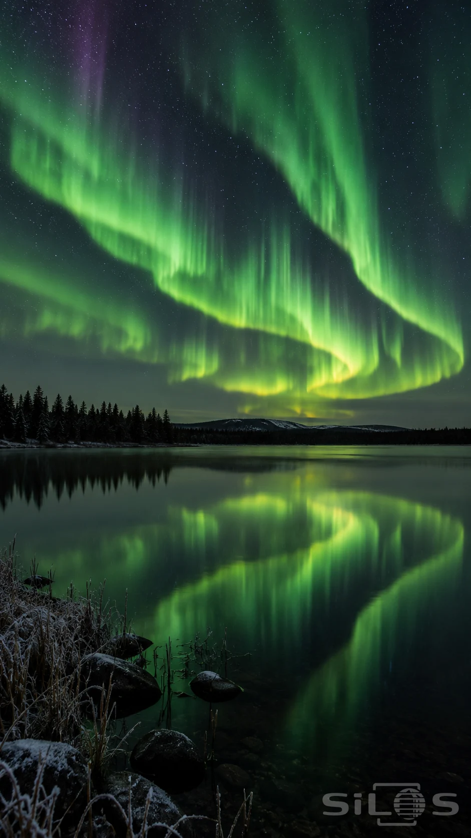Green aurora with fine vertical rays curves over a starry lake and dark conifers, reflected beside frosted reeds and shore stones.