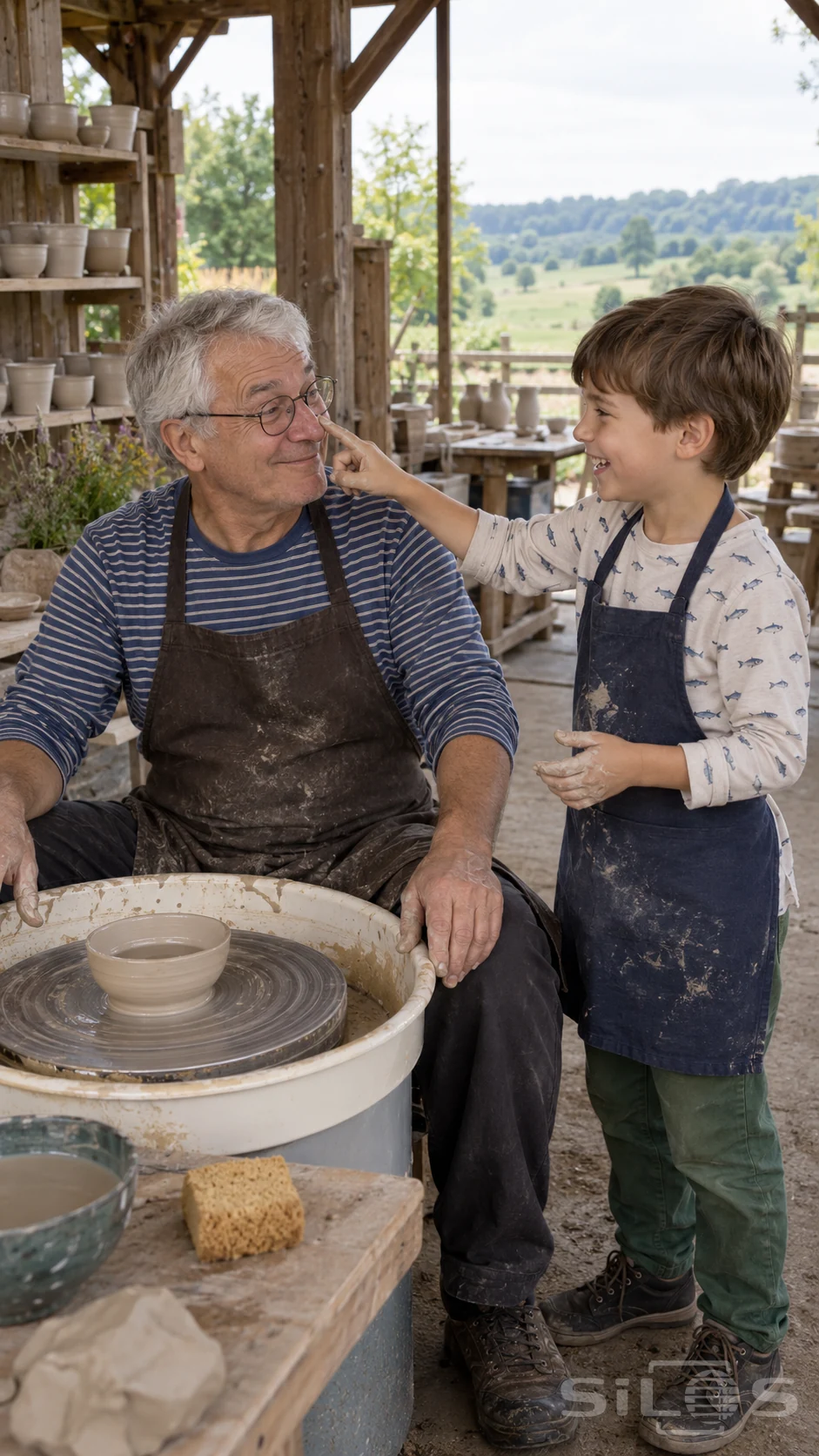 A clay nose joke as a young boy gently touches his grandfather's nose with a clay-dabbed finger beside a pottery wheel.