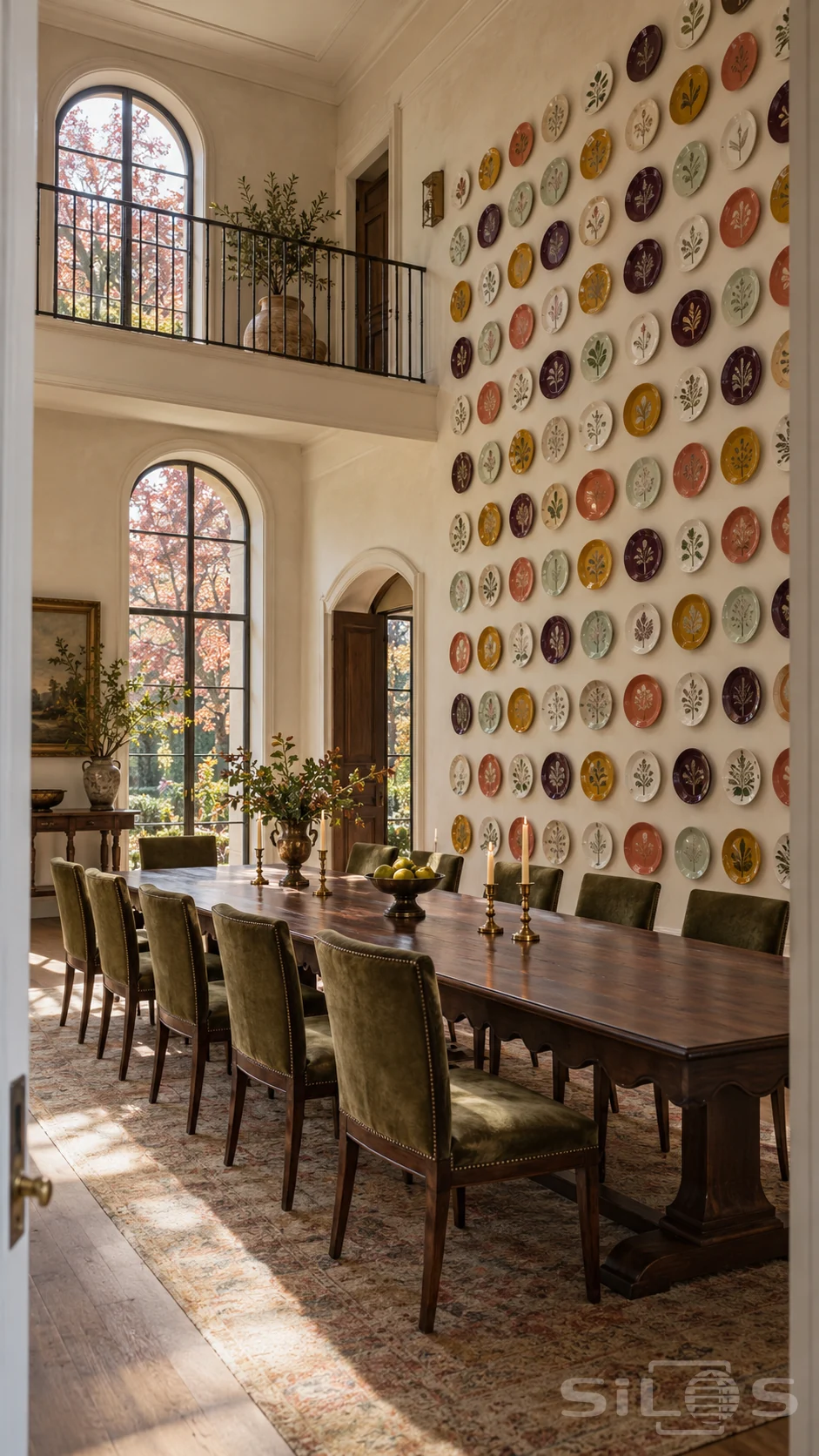 Colourful botanical plates arranged in a tall grid above a walnut dining table with olive chairs and arched garden windows.