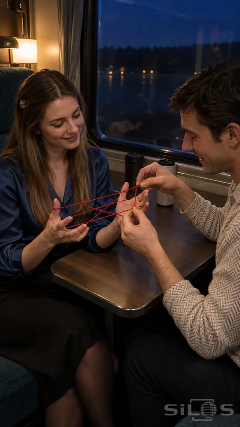 Night train string game with two adults exchanging a red yarn figure above a small table; between teal seats and a dark blue window.