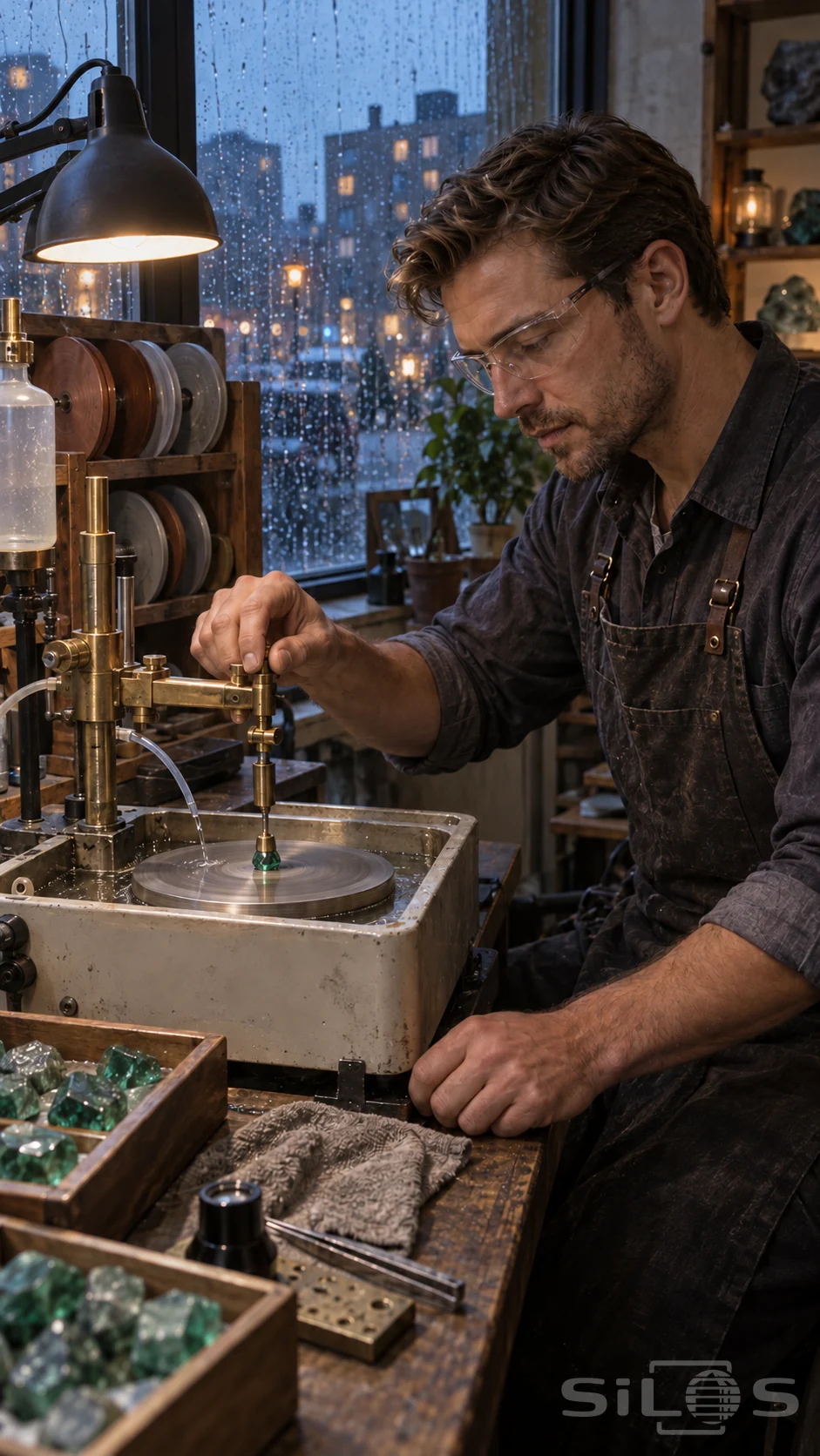 A man wearing protective glasses guides a green stone on a faceting machine beside a rain-streaked workshop window.
