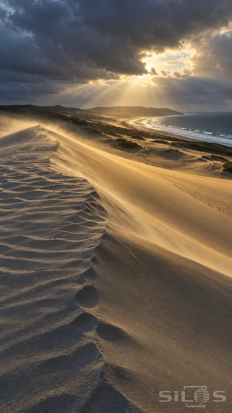 Storm light crosses coastal dune ridges and wind-blown sand above a blue sea with white surf beneath dark clouds.