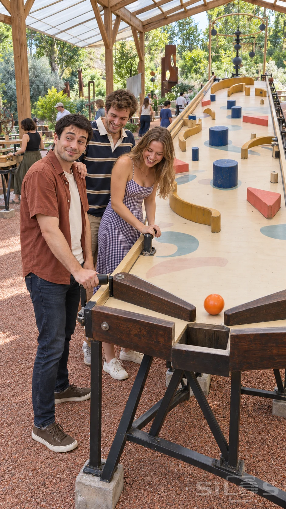 Three adult friends laugh beside a giant pinball garden playfield as an orange ball reaches the gap between wooden flippers.