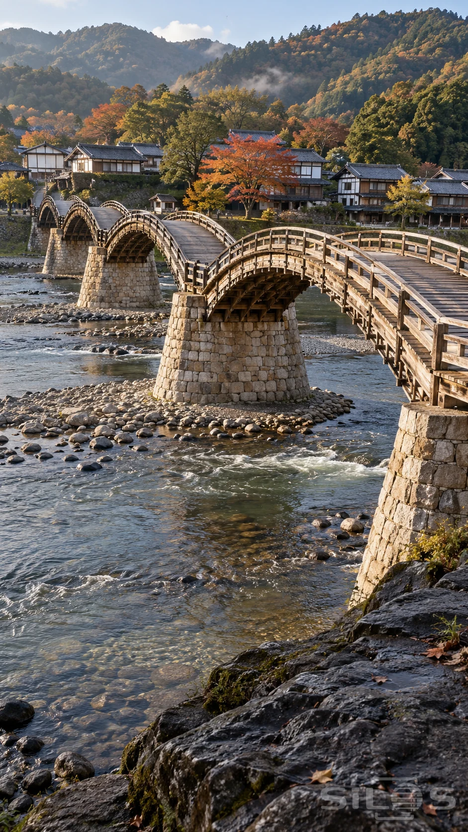 A series of arched wooden bridge spans crosses a shallow river on broad stone piers beside tiled houses and autumn trees.