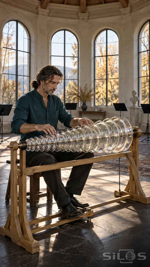 A seated man plays a glass harmonica with graduated clear bowls mounted in a wooden frame beside tall windows.