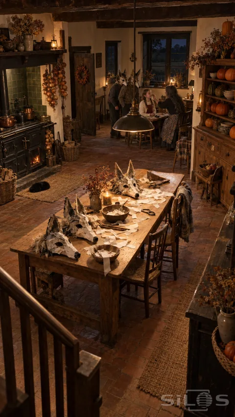 Handmade paper wolf masks on a pine kitchen table; with pumpkins on a dresser and a small family gathered in the background.