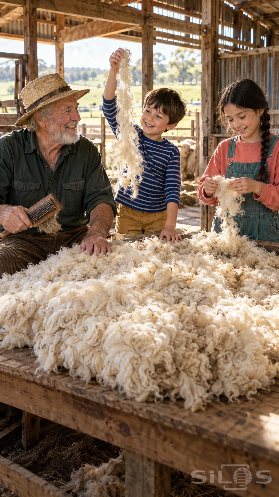 A family examines a wool fleece on a wooden table, with a boy lifting a tuft beside his sister and smiling grandfather.