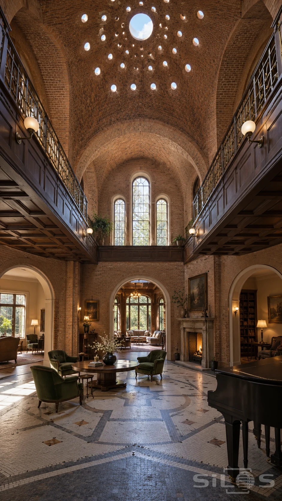Tall brick hall with many small round skylights around a central oculus, dark timber galleries, green chairs and a grand piano.