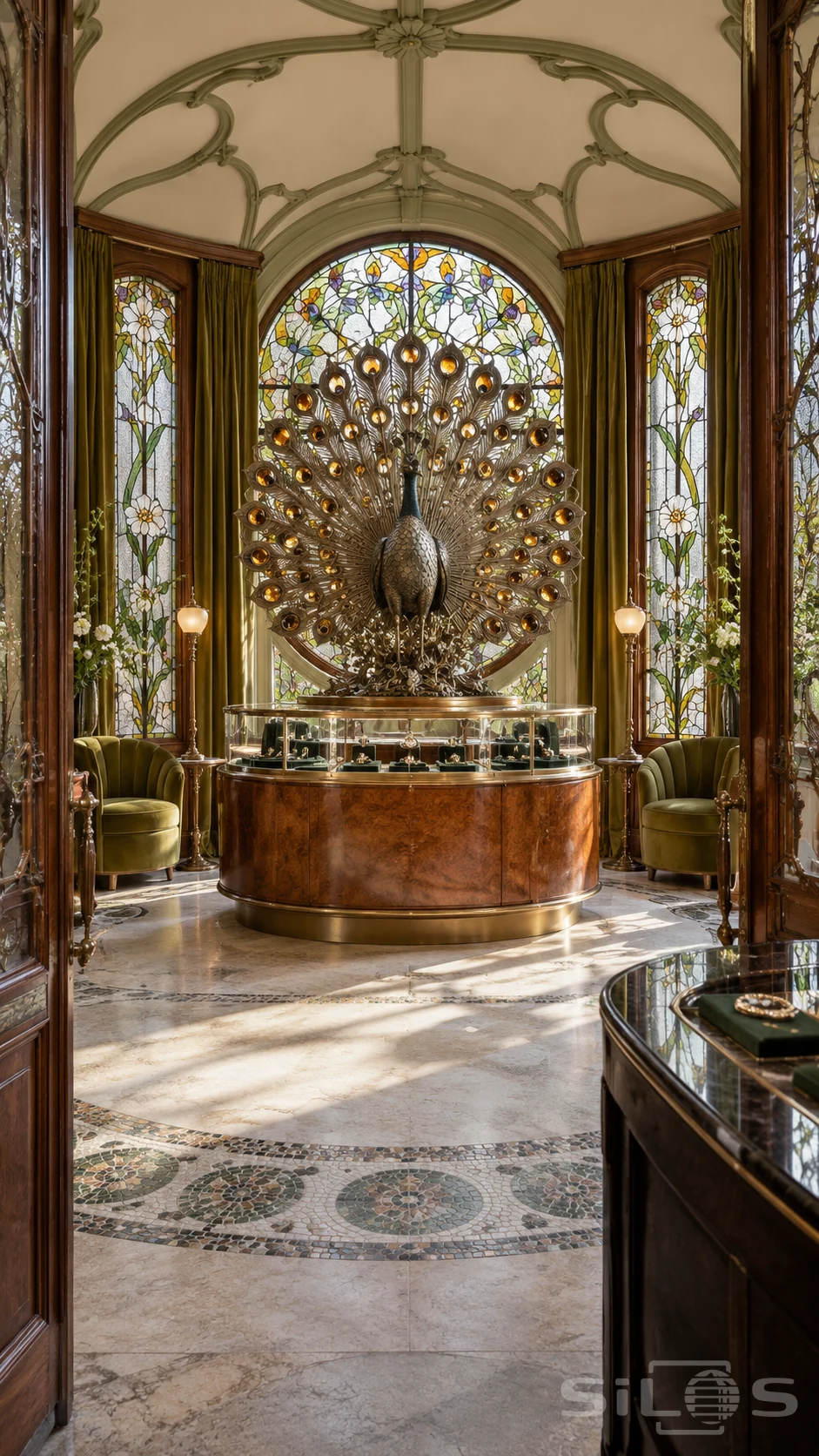 Jewellery salon with bronze peacock sculpture, amber glass tail eyes, floral stained-glass windows, curved wood counter and olive chairs.