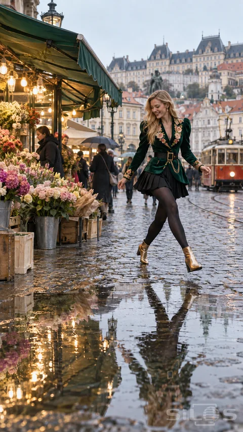 Woman in an emerald velvet jacket with floral embroidery stepping beside flowers and a puddle in a rainy market.