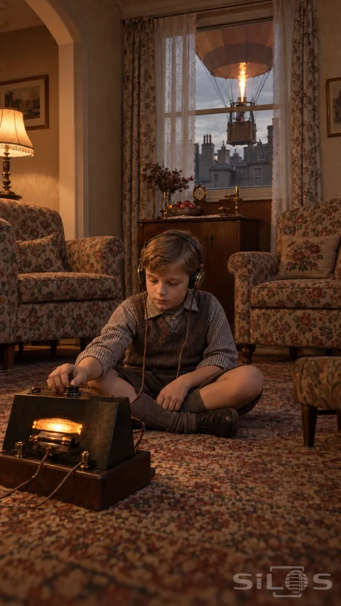 A boy wearing headphones tunes a glowing radio alone on a sitting-room rug with a hot-air balloon visible through the window