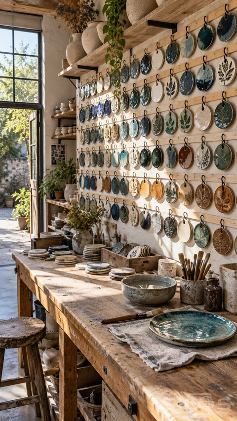 Ceramic glaze sample wall of textured discs with leaf impressions beside brushes and pottery on a sunny studio table.